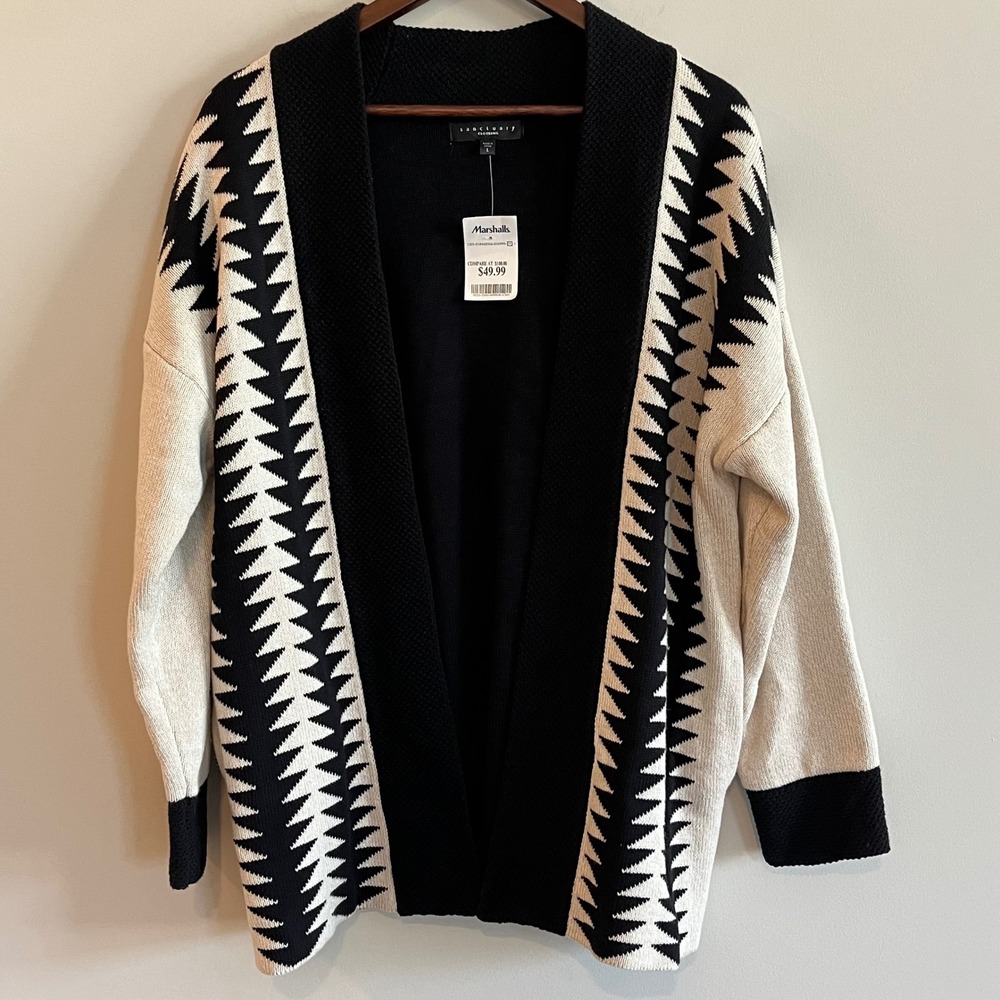 Sanctuary Clothing Womens Geometric Intarsia Open Front Cardigan Black Cream L